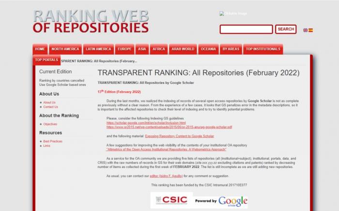 Репозитарій ХНУВС у рейтингу «Transparent Ranking: All Repositories (February 2022)»