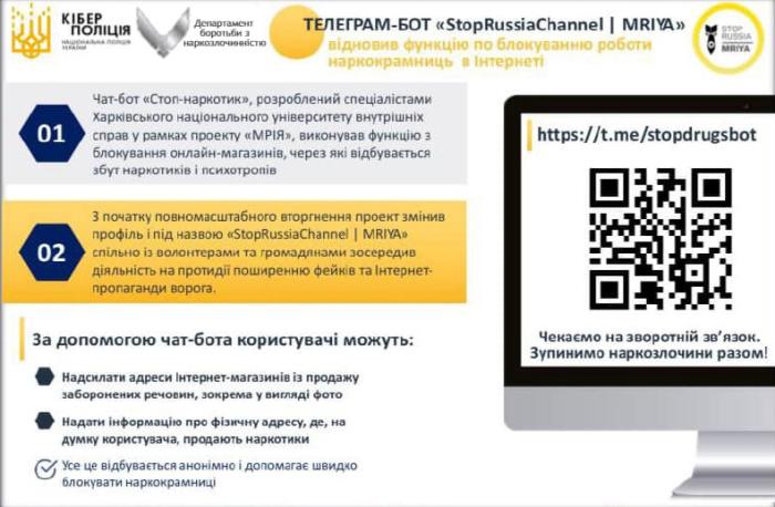 Чат-бот «StopRussiaChannel | MRIYA» відновив функцію з блокування роботи наркокрамниць в Інтернеті