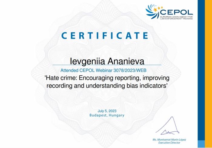 Участь у вебінарі щодо злочинів на ґрунті ненависті