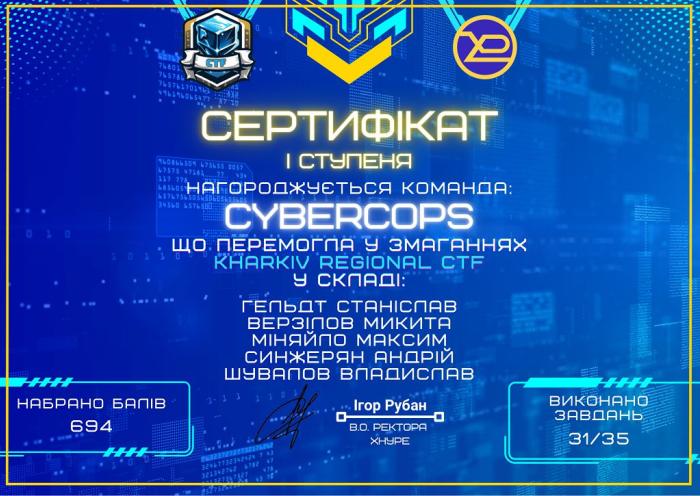 Команда «СyberCops» ХНУВС стала переможницею харківських регіональних змагань із кібербезпеки «Kharkiv Regional CTF»