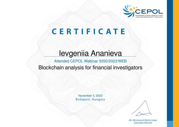Участь у вебінарі щодо блокчейн-аналізу для фінансових слідчих