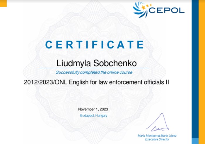 Представниця ХНУВС успішно пройшла онлайн-курс англійської мови для поліцейських